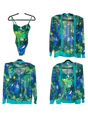 Vintage Gottex 2-Piece Vibrant Blue and Green Swimsuit and Cover-Up Set